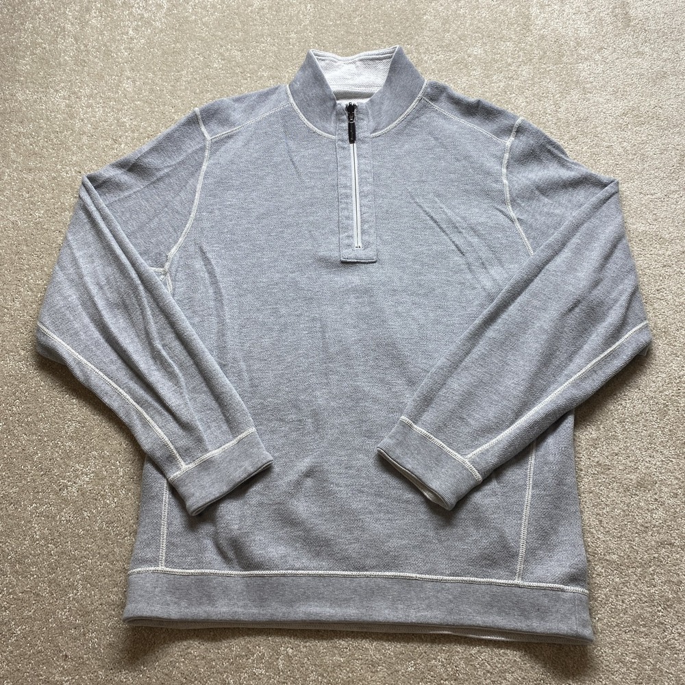Tommy Bahama Quarter Zip Pullover Mens Large Gray Contrast Stitch Waffle Knit